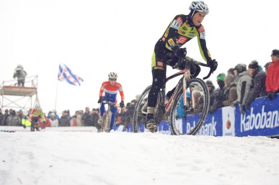 Martin Bina leads a snowy, icy race in Hoogerheide. Photo: Balint.